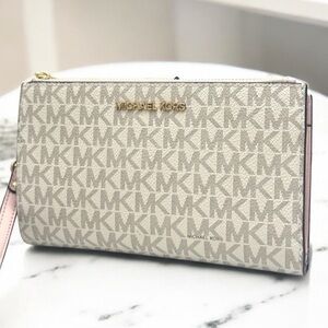 Michael Kors Large Jet Set Travel Double Zip Wallet Powder Blush Multi